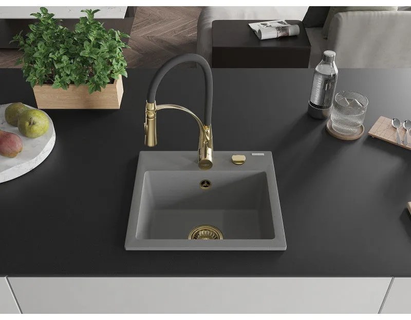 Mexen Milo, 1-komorový granitový drez 435x410x171 mm a drezová batéria Aster, šedá, 6505-71-73450-57-G
