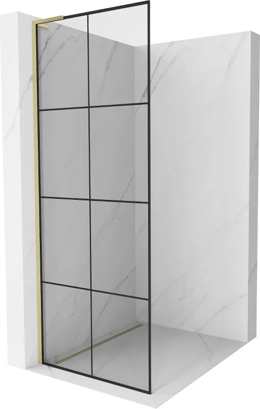 Mexen Kioto L, sprchová zástena Walk-In 70 x 200 cm, 8mm číre sklo čierny vzor, zlatý matný profil, 800-070-103-55-77