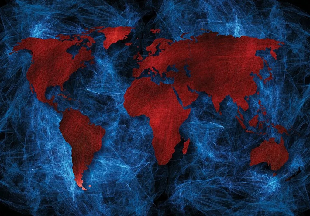Fototapeta - Červená mapa sveta - modrý podklad (254x184 cm), 10 ďalších rozmerov