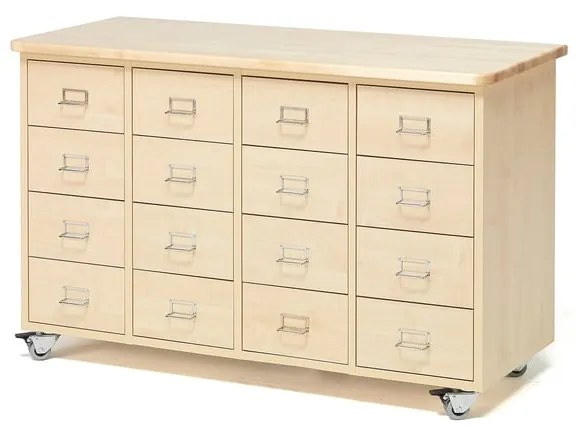 Zásuvková komoda s kolieskami, 16 zásuviek, madlo s držiakom na štítky, breza