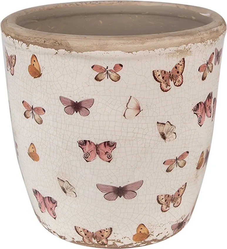 Béžový antik obal na kvetináč s motýlikmi Butterfly Paradise - Ø 16*16 cm