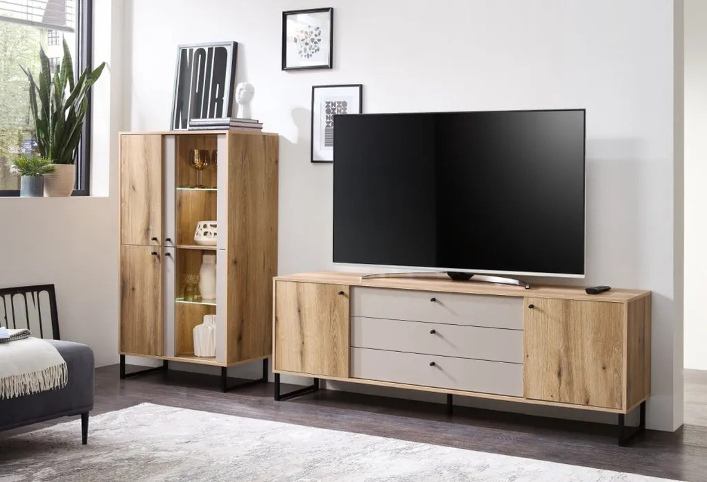 Vitrínová skrinka Cube, dub evoke / pieskovo šedá, s osvetlením