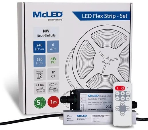 McLED LED páska - sada 1 m + Prijímač Nano IP67, 240 LED/m, NW, 6 W/m, DC 24V, 520 lm/m, CRI90, IP67, 10 mm, vodič 3 m ML-126.033.90.S01002