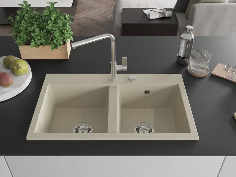 Mexen Hektor granitový kuchynský drez 2-komorový 800 x 480 mm, béžový, sifón chróm - 6521802000-69
