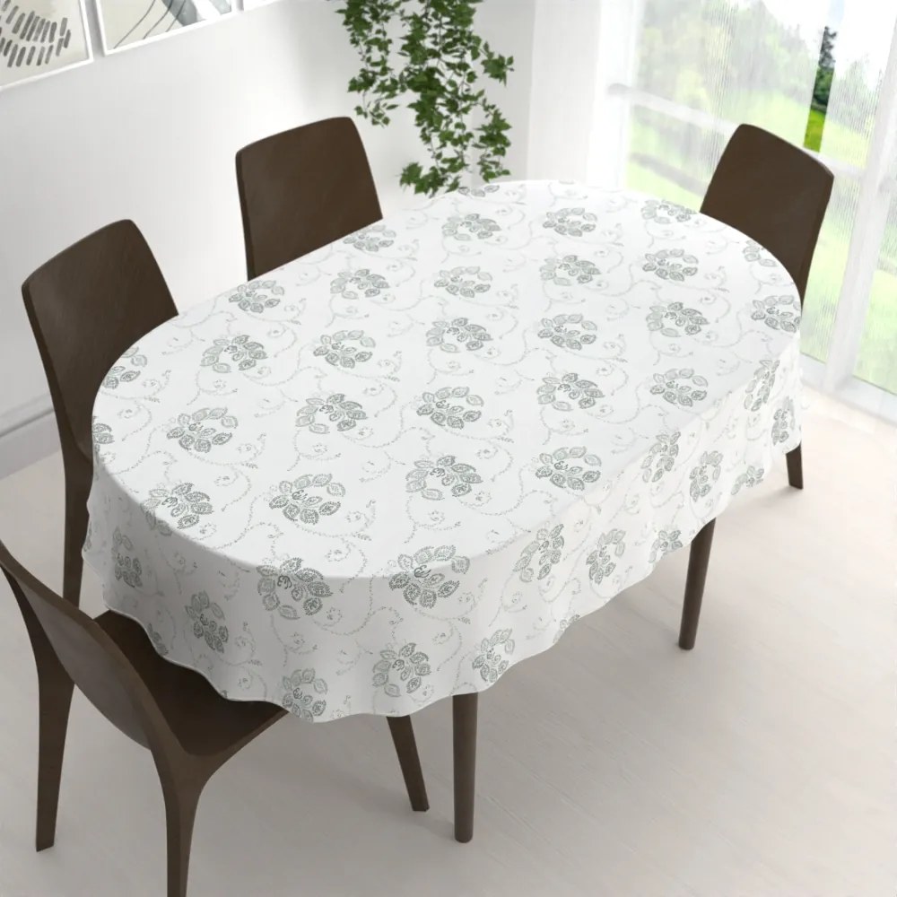 Biante Bavlnený oválny obrus Sandra SA-089 Zelené popínavé kvety na bielom 140x220 cm