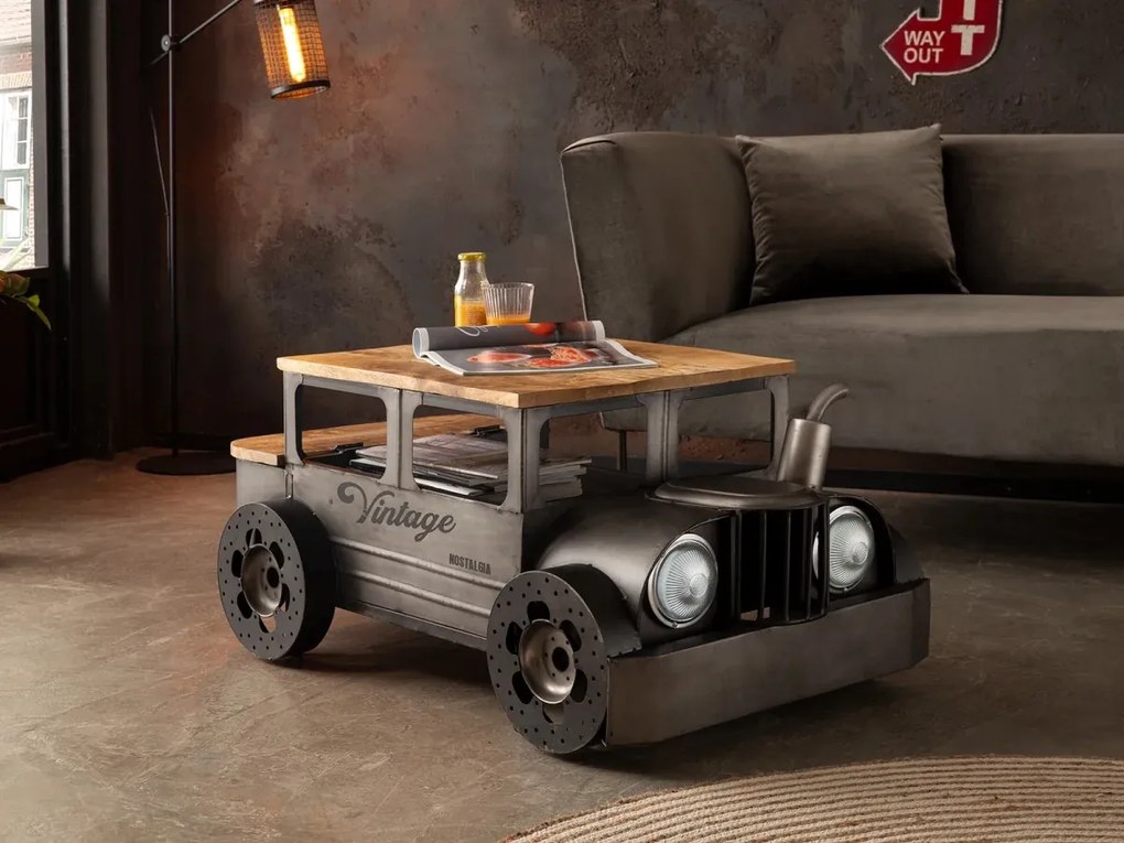 furniture-nabytek.cz - Masívny konferenčný stolík Car II z mangového dreva a kovu, lakovaný, šedý – 102×65×48 cm