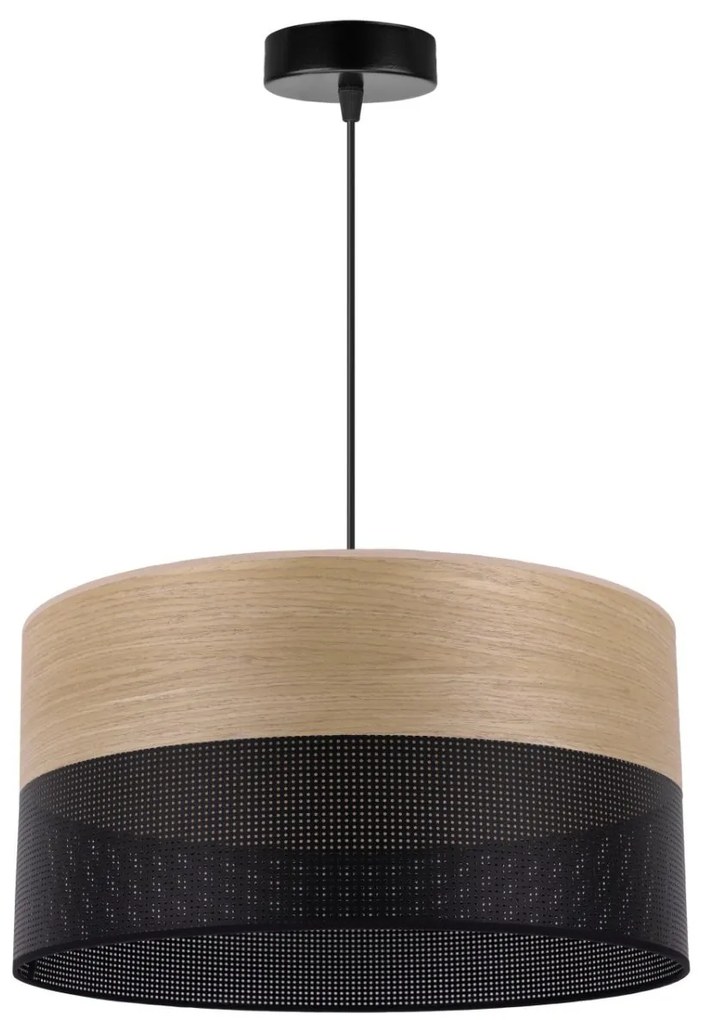 Závesné svietidlo Wood, 1x dýha zlatý dub/čierne PVC tienidlo, (fi 40cm)