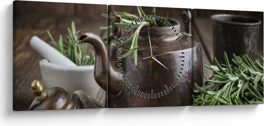 Obraz - Kanvička s rozmarínom (s hodinami) (90x30 cm)