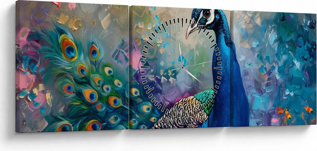 Obraz - Maľba páva (s hodinami) (90x30 cm)