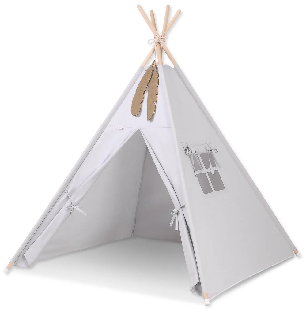 Bobono Stan Teepee pre deti + ozdobné perie - sivé