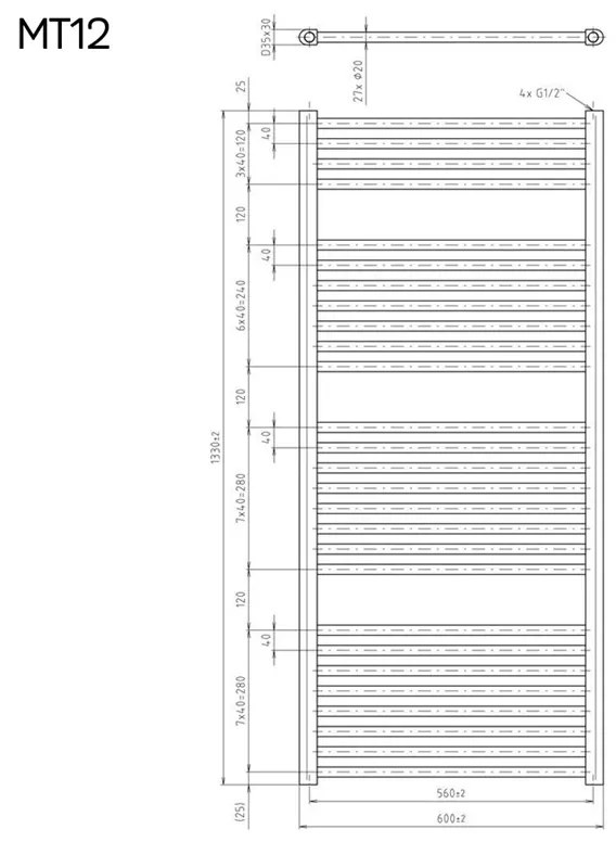 Mereo, Vykurovací rebrík 450x1330 mm, rovný, biely, MER-MT02