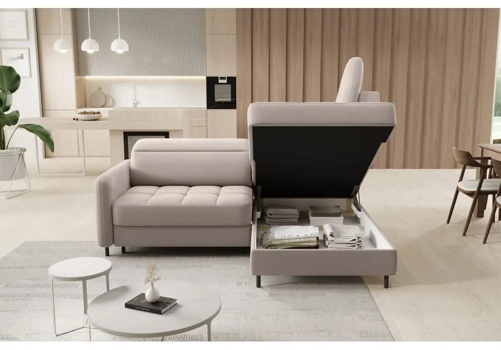 Svetlohnedá zamatová rozkladacia/s úložným priestorom rohová pohovka (pravý roh/do L) Barea – ELTAP