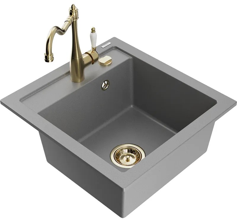 Mexen Vito, granitový drez 490x520x210 mm, 1-komorový a drezová batéria Carla, šedá, 6503-71-670700-50