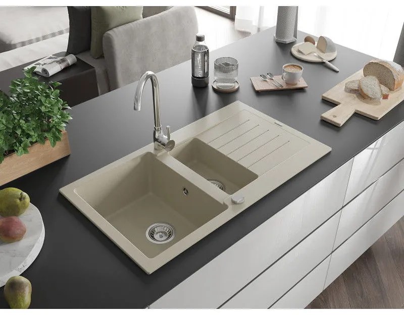 Mexen Matias, granitový drez 900x505x200 mm, 1,5-komorový a chrómová batéria Telma, béžová, 6502-69-670200-00