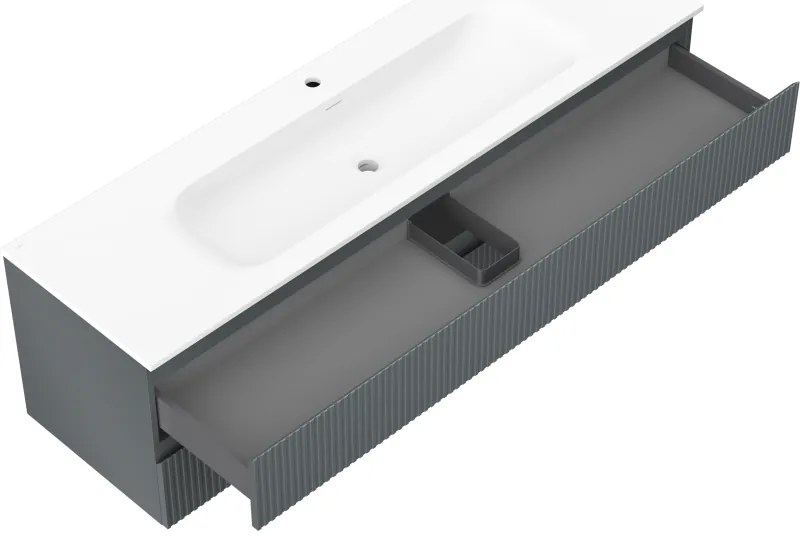 Mexen Rivel, kúpeľňová skrinka 160 cm s umývadlom Vela, 2 zásuvky, drážkovaná, grafitová matná/biela matná, 91A20-16047-2-BFF66-W23M