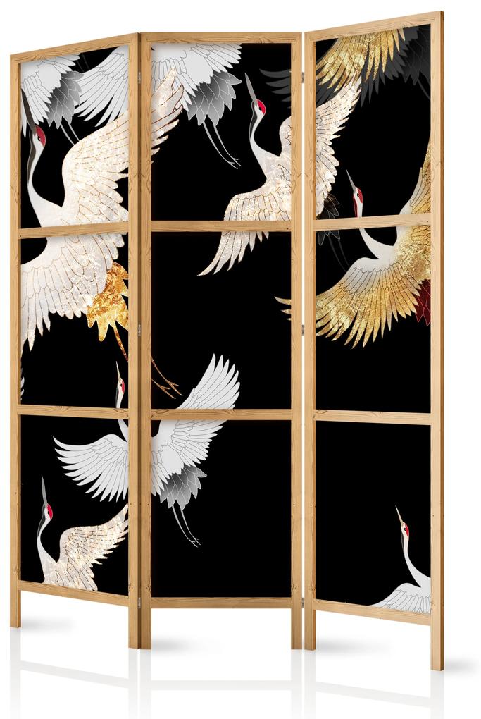 Artgeist Japonský paraván - Cranes at Night - White and Gold Birds Flying Away on a Black Background Veľkosť: 135x161