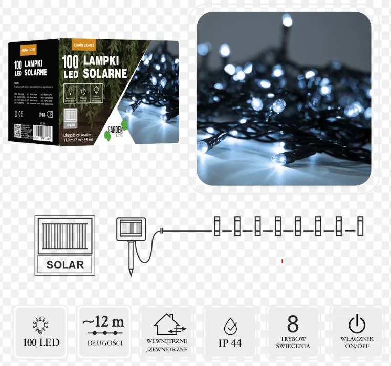 Svetelná reťaz solárna 9,9m 100LED Studená biela