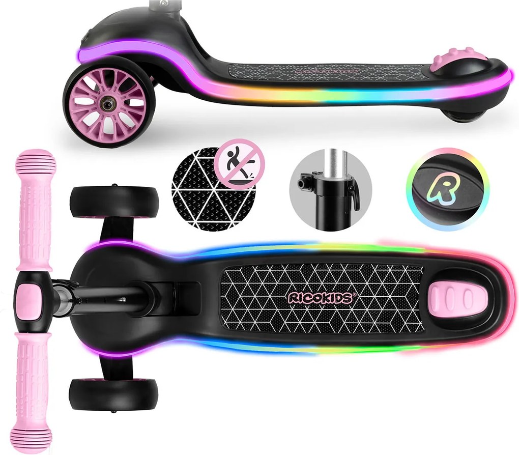 Ricokids Leddi LED balančná Kolobežka pre deti - čierno-ružová