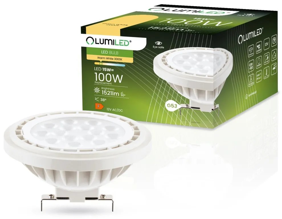 LED žiarovka G53 AR111 15W = 100W 1521lm 3000K Warm 38° 12V LUMILED