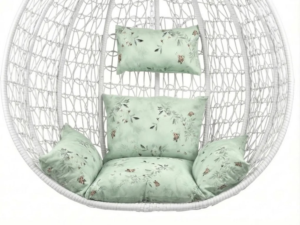 Biele závesné kreslo KOKON bez stojanu, svetlozelený vankúš so vzorom