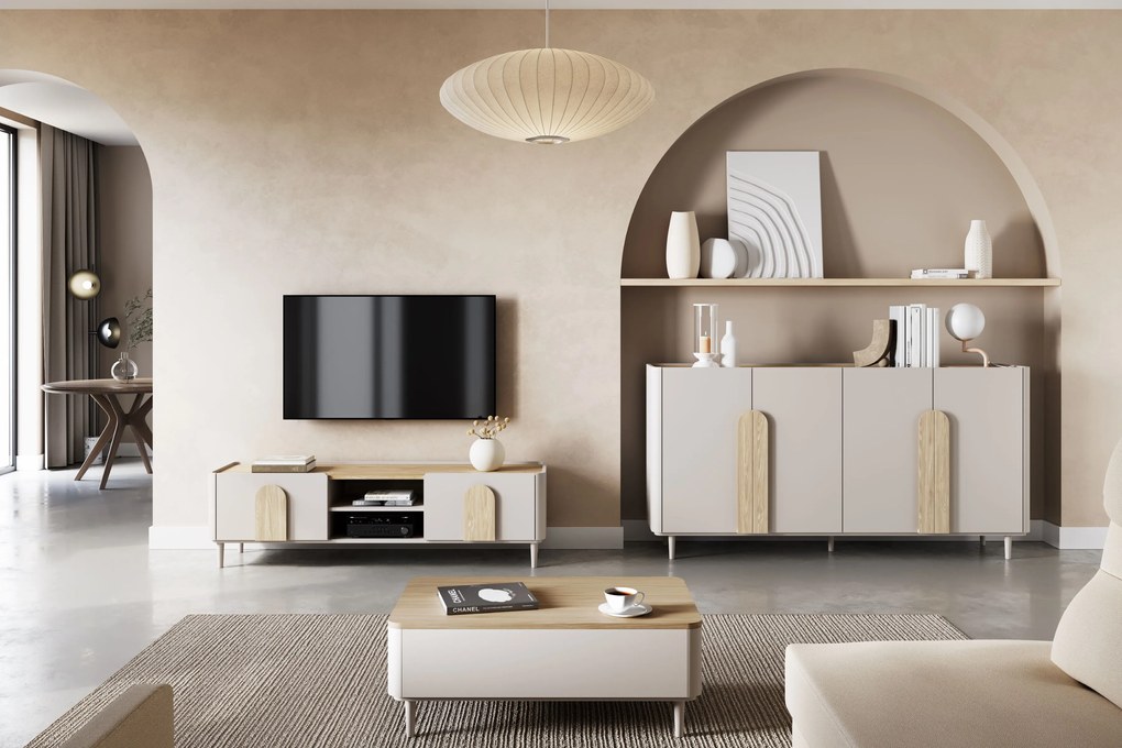 TV stolík Amilio 170 cm so zásuvkou - kašmír / olejovaný dub / úchytky svetlý dub