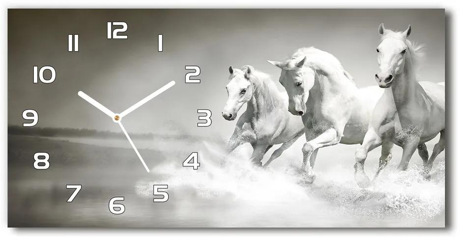 Moderné sklenené hodiny na stenu Biele kone pl_zsp_60x30_f_44040199