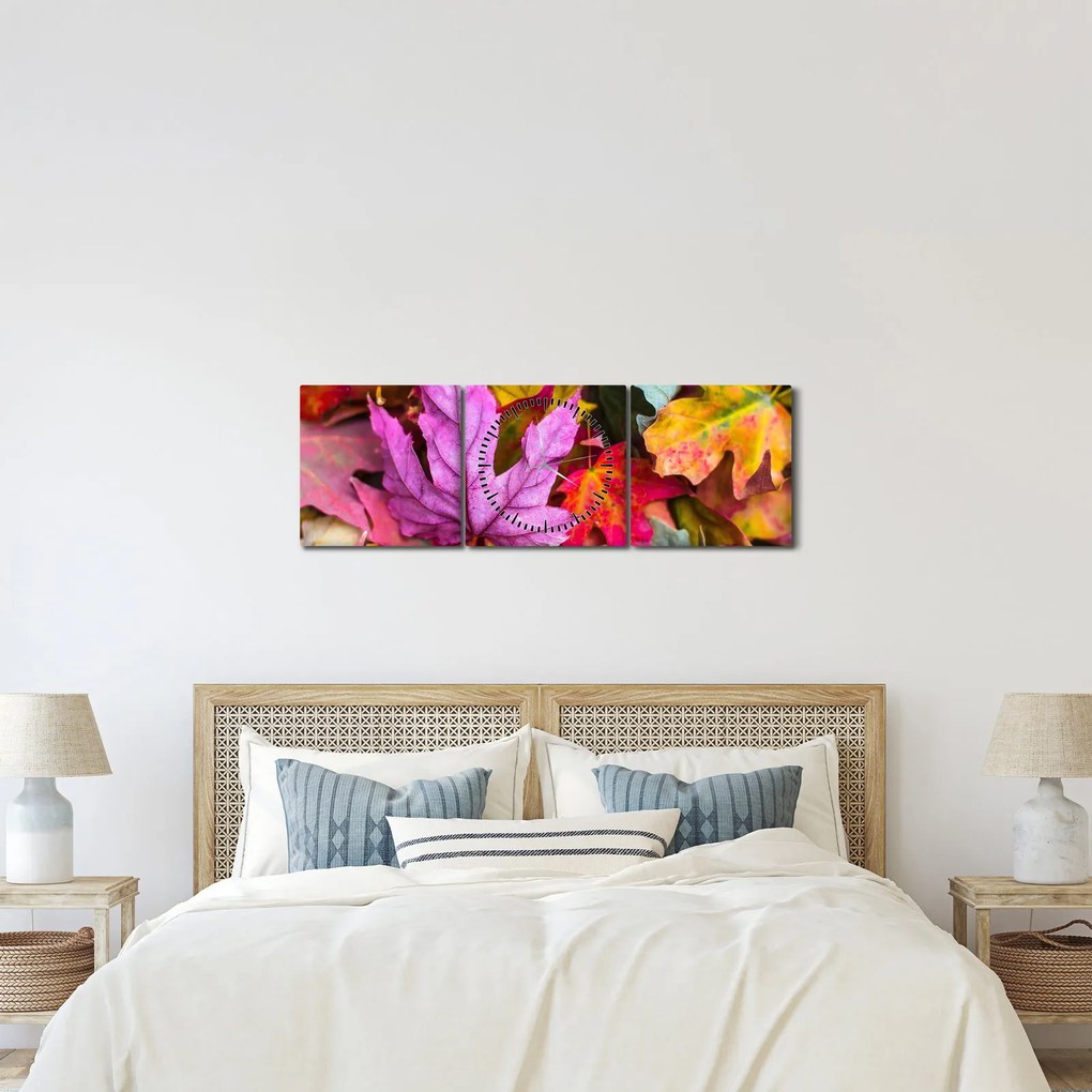 Obraz - jesenné listy (s hodinami) (90x30 cm)