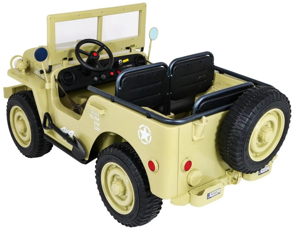 RAMIZ Elektrické autíčko - Retro vojenské vozidlo 4x4  - piesková  - 158cm x 80cm x 82cm - MOTOR - 4x45W BATÉRIA - 12V / 14Ah- 2