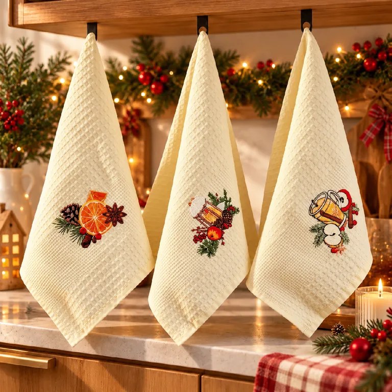 Vianočné vaflové kuchynské utierky 40×60 cm – Vianočné korenie, sada 3 ks