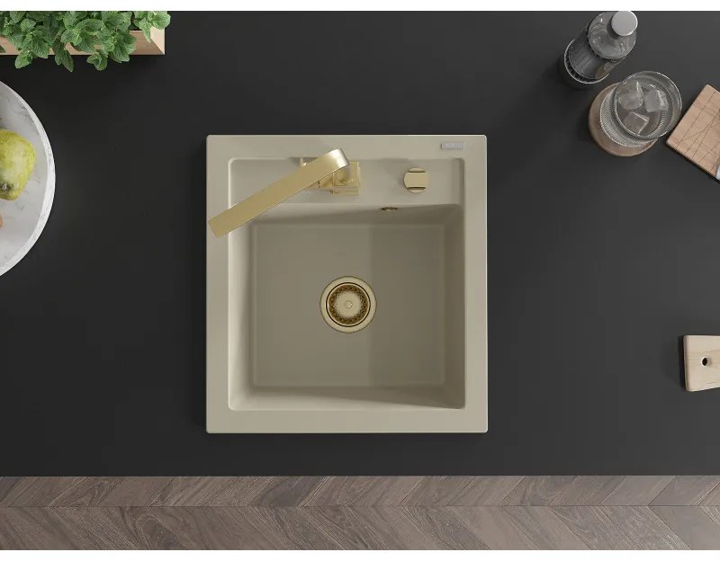 Mexen Vito, 1-komorový granitový drez 520x490x210 mm, zlatá batéria Rita, béžová, 6503-69-670300-50