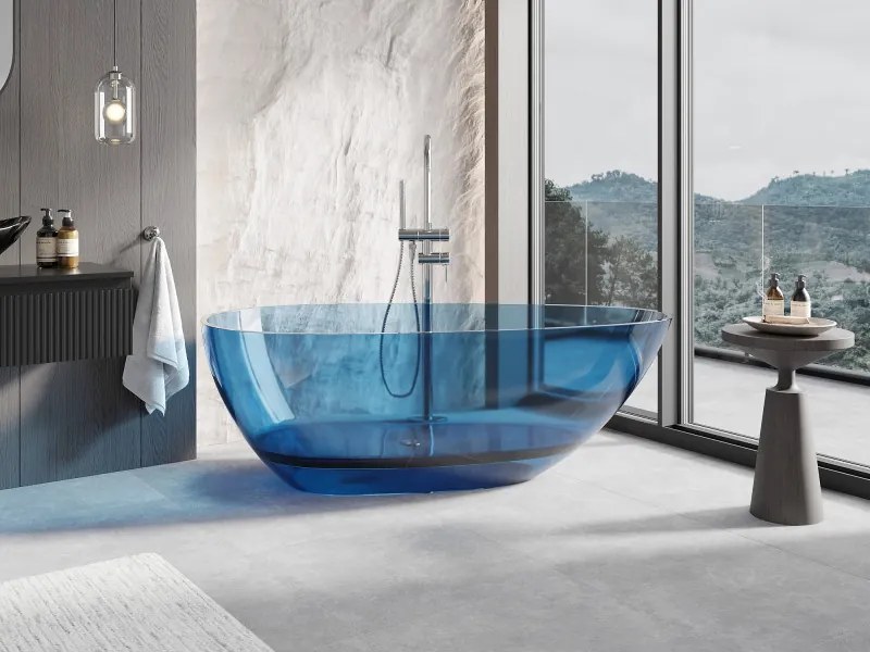 Mexen Glass Denim, voľne stojaca priesvitná vaňa 170 x 85 cm, chrómová zátka, 58061708507