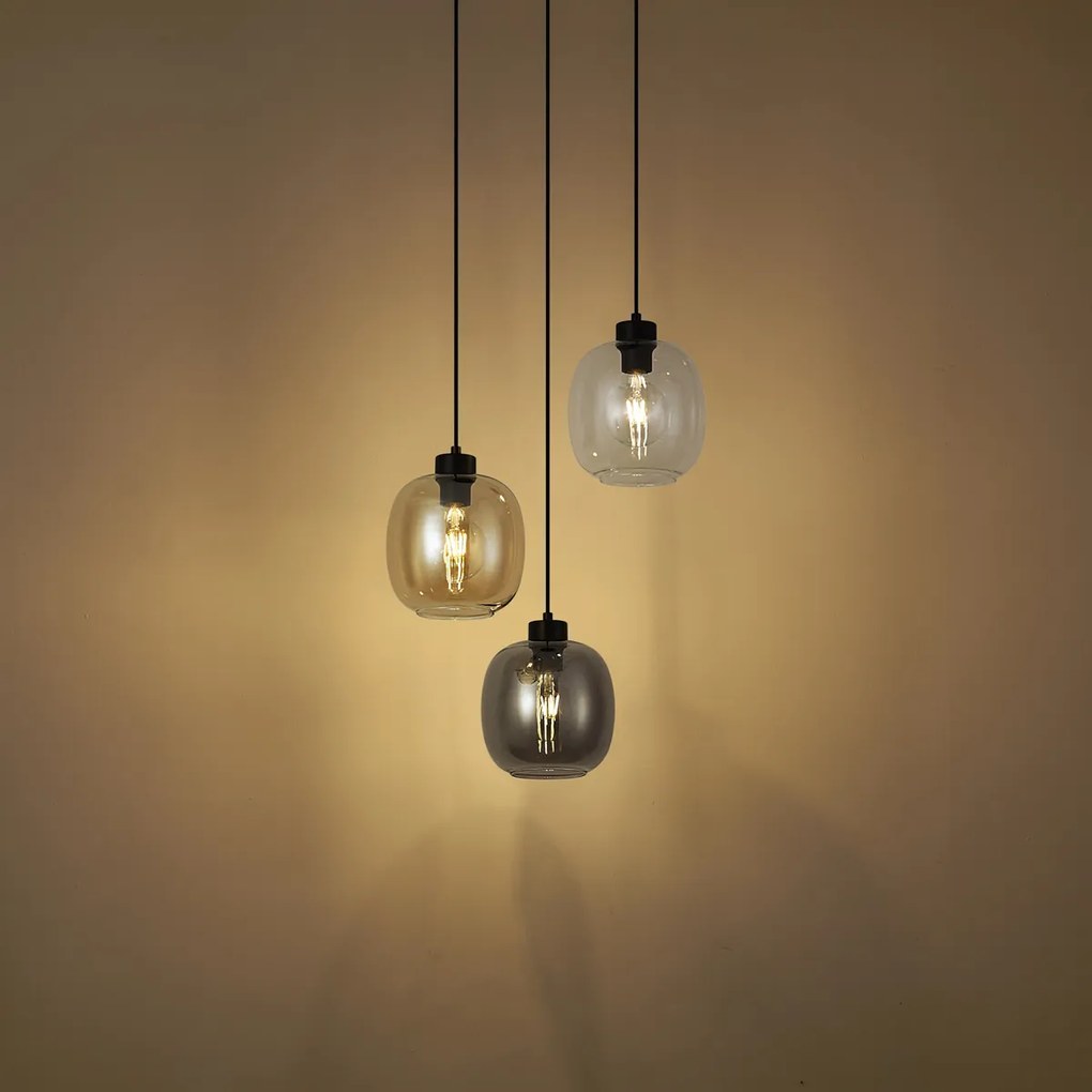 Závesná lampa čierna s jantárovým, dymovým a čírym sklom 3-Lights - Elena