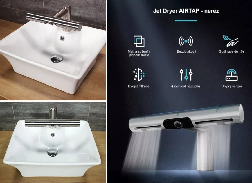 Bezdotykový sušič rúk - tryskový v kombinácii s bezdotykovou batériou Jet Dryer AIRTAP, čierny mat, okrúhly
