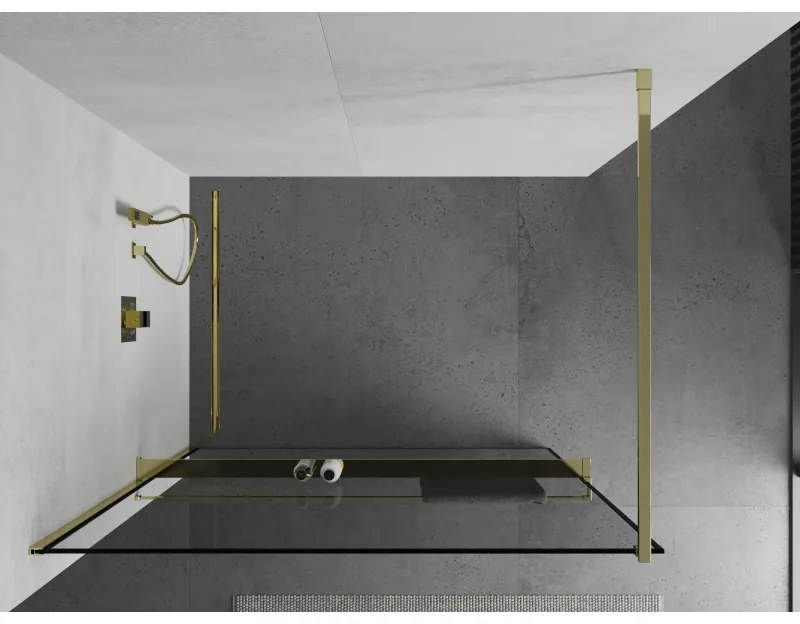 Mexen Kioto+, sprchová zástena s poličkou a držiakom na uteráky 140 x 200 cm, 8mm číre sklo vzor čierny rám, zlatý profil, 800-140-121-50-70
