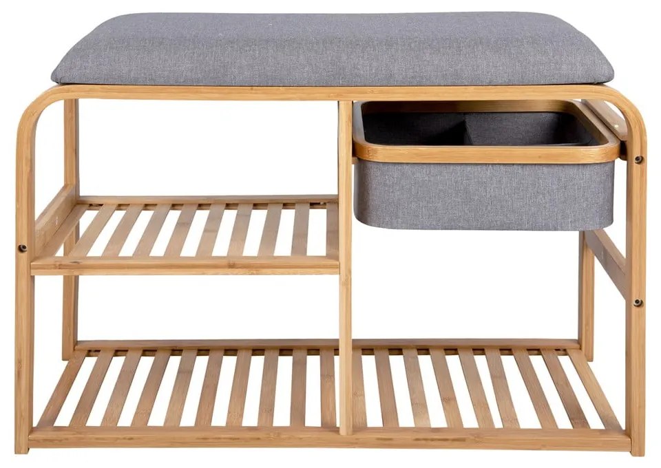 Bambusový polica na topánky so sivým polstrovaním Leitmotiv Bench, šírka 70 cm