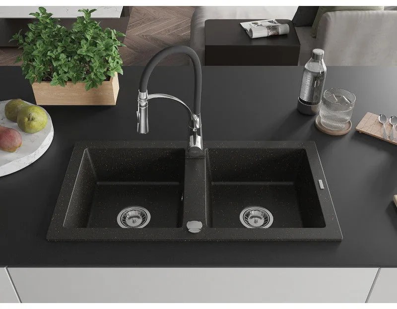 Mexen Mario, granitový drez 820x436x161 mm, 2-komorový a drezová batéria Aster, čierna-zlatá metalíza, 6504-75-73450-07