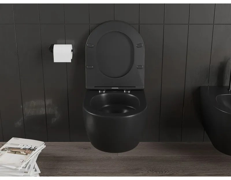 Mexen Carmen, závesná WC misa 490x365x340 mm, Rimless Tornádo + WC sedadlo z duroplastu, čierna matná, 30881085T