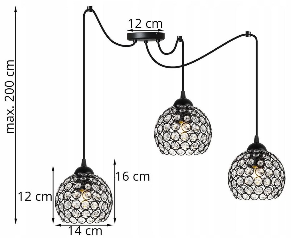 Závesné svietidlo Crystal Spider, 3x čierne krištáľové tienidlo