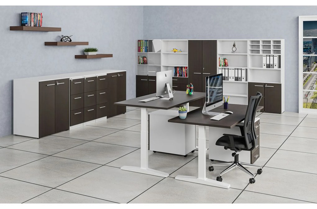 Kombinovaná kancelárska skriňa PRIMO WHITE, dvere na 2 poschodia, 2128 x 800 x 420 mm, biela/wenge