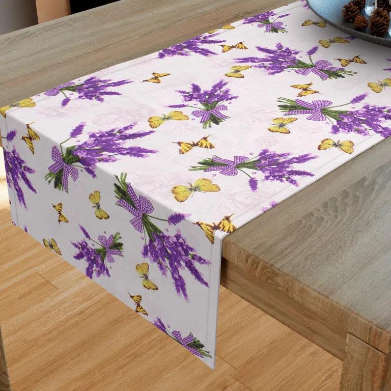 Goldea bavlnený behúň na stôl - vzor levanduľa s motýľmi 20x120 cm