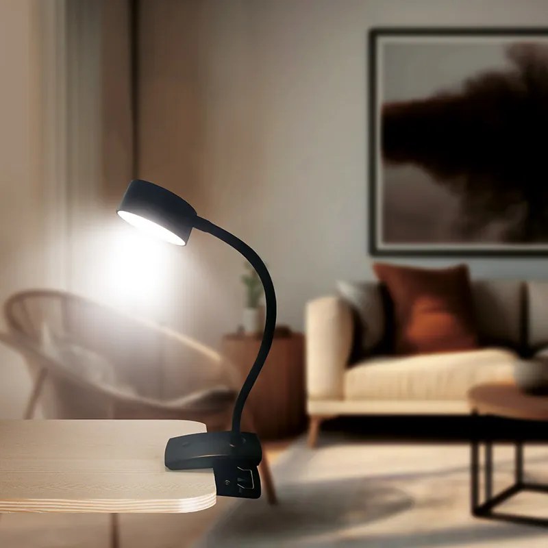 Solight LED stolná nabíjacia lampička, 2W, 210lm, 3CCT, čierna, clip