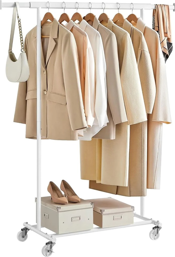 Stojan na šaty s kolieskami, nosnosť 100 kg, biely
