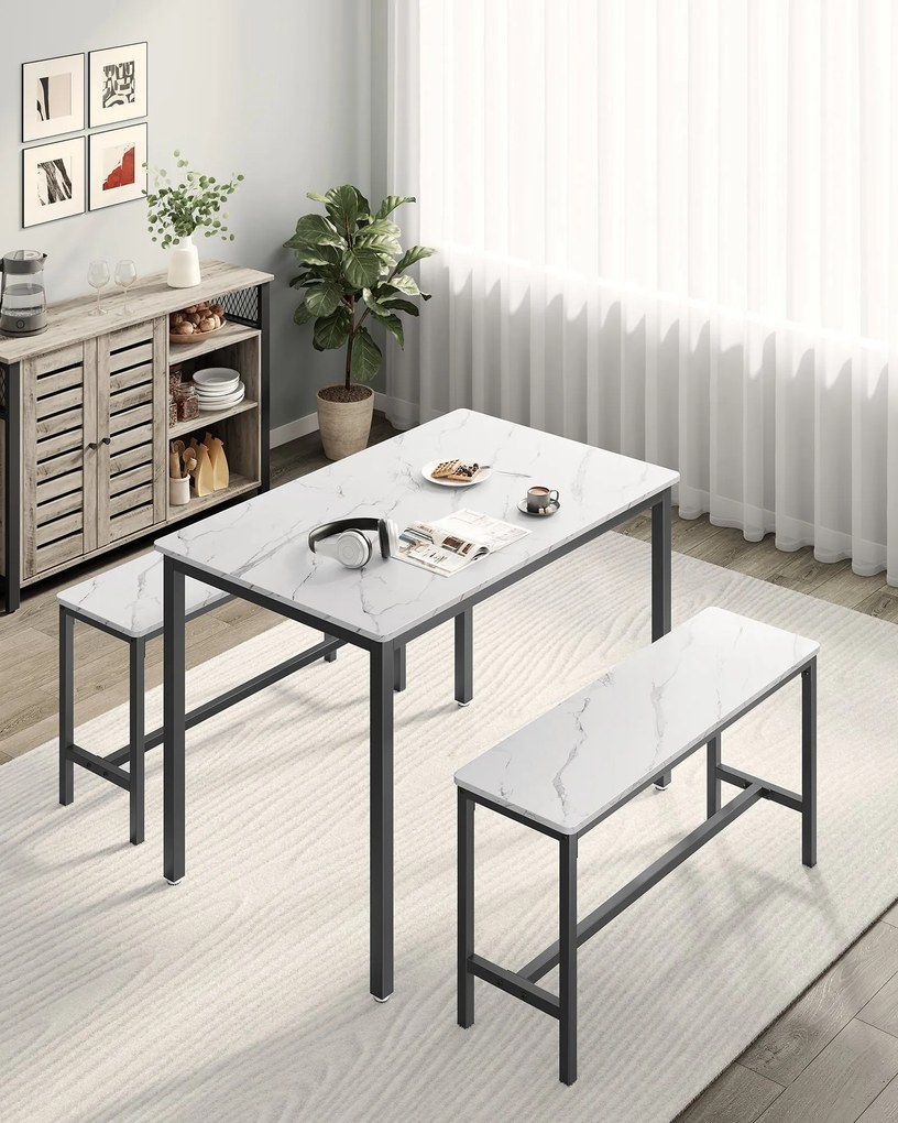 Jedálenský stôl pre 4 osoby, kuchynský stôl s 2 lavicami, 109,6 x 67,6 x 73,5 cm, mramorovo biely