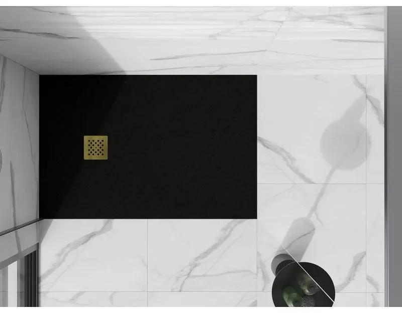 Mexen Stone+, obdĺžniková vanička z minerálneho kompozitu 120 x 100 cm, čierna, zlatá lesklá krytka, 44701012-G