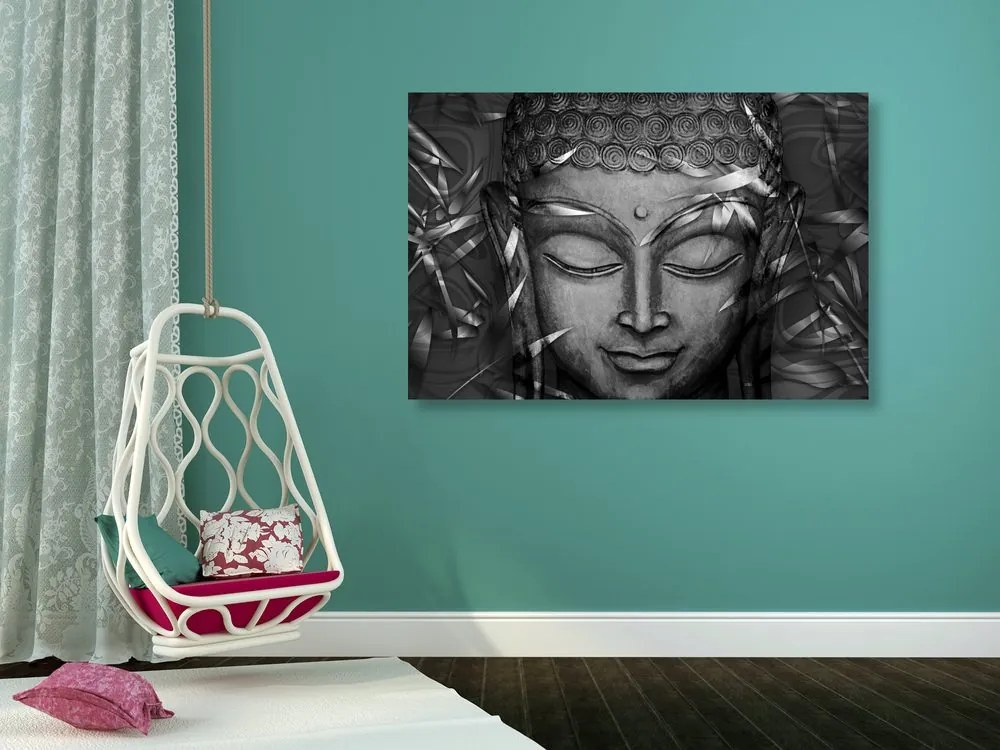 Obraz usmievajúci sa Buddha v čiernobielom prevedení