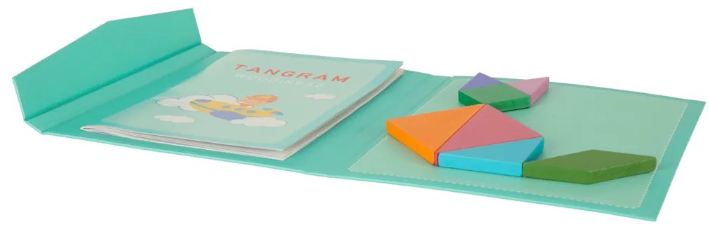 KIK Magnetická knižka Tangram – drevené magnetické puzzle 7 dielov, 96 vzorov pre deti