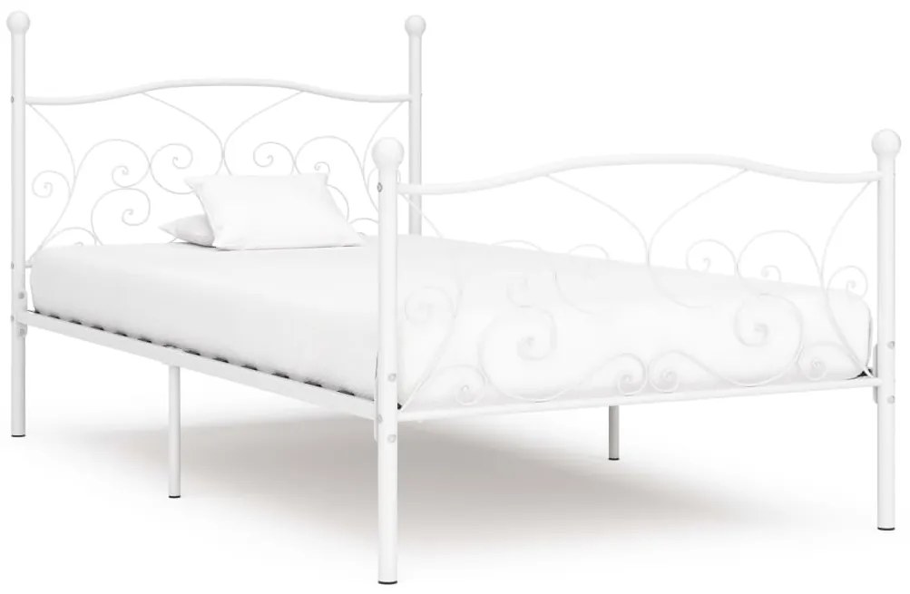 vidaXL Posteľný rám s lamelovým roštom, biely, kov 90x200 cm