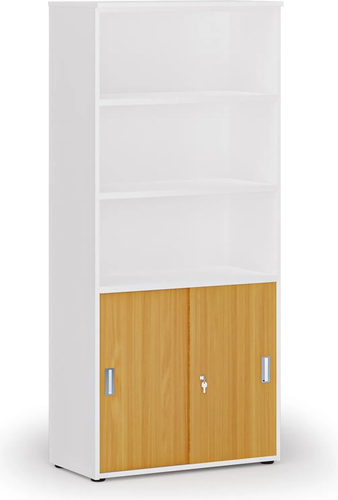 Kombinovaná kancelárska skriňa PRIMO WHITE, zasúvacie dvere na 2 poschodia, 800 x 420 x 1781 mm, biela/buk