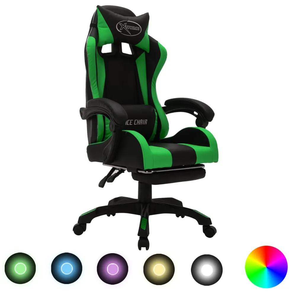 Herná stolička s RGB LED svetlami zeleno-čierna umelá koža
