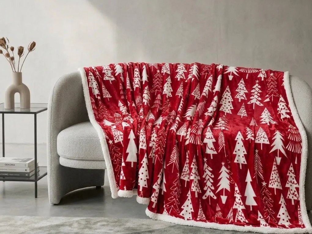 Vianočná mikroplyšová baránková deka CHRISTMAS TREES červená Rozmer: 160 x 200 cm